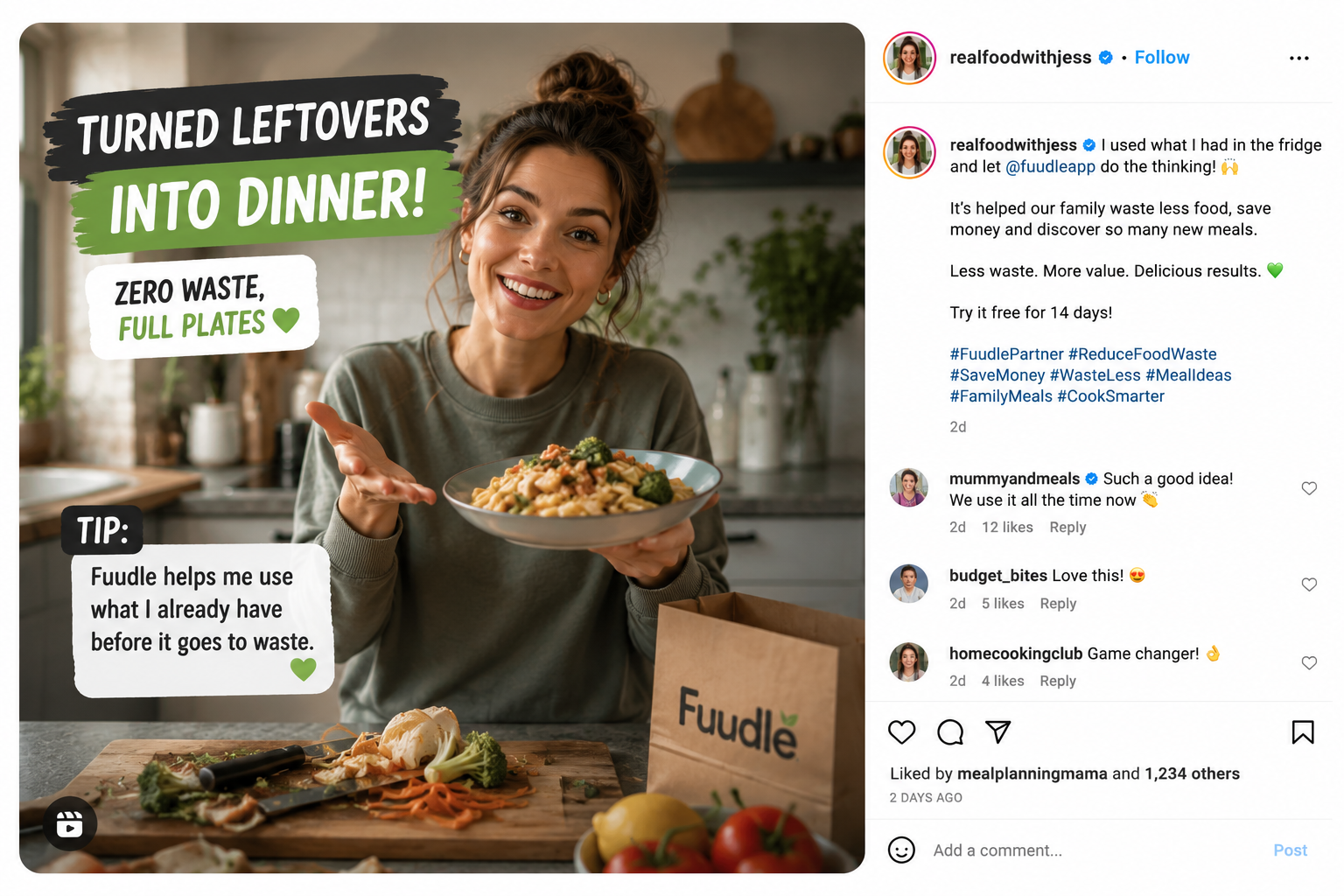 Creator mockup showing Fuudle helps reduce food waste